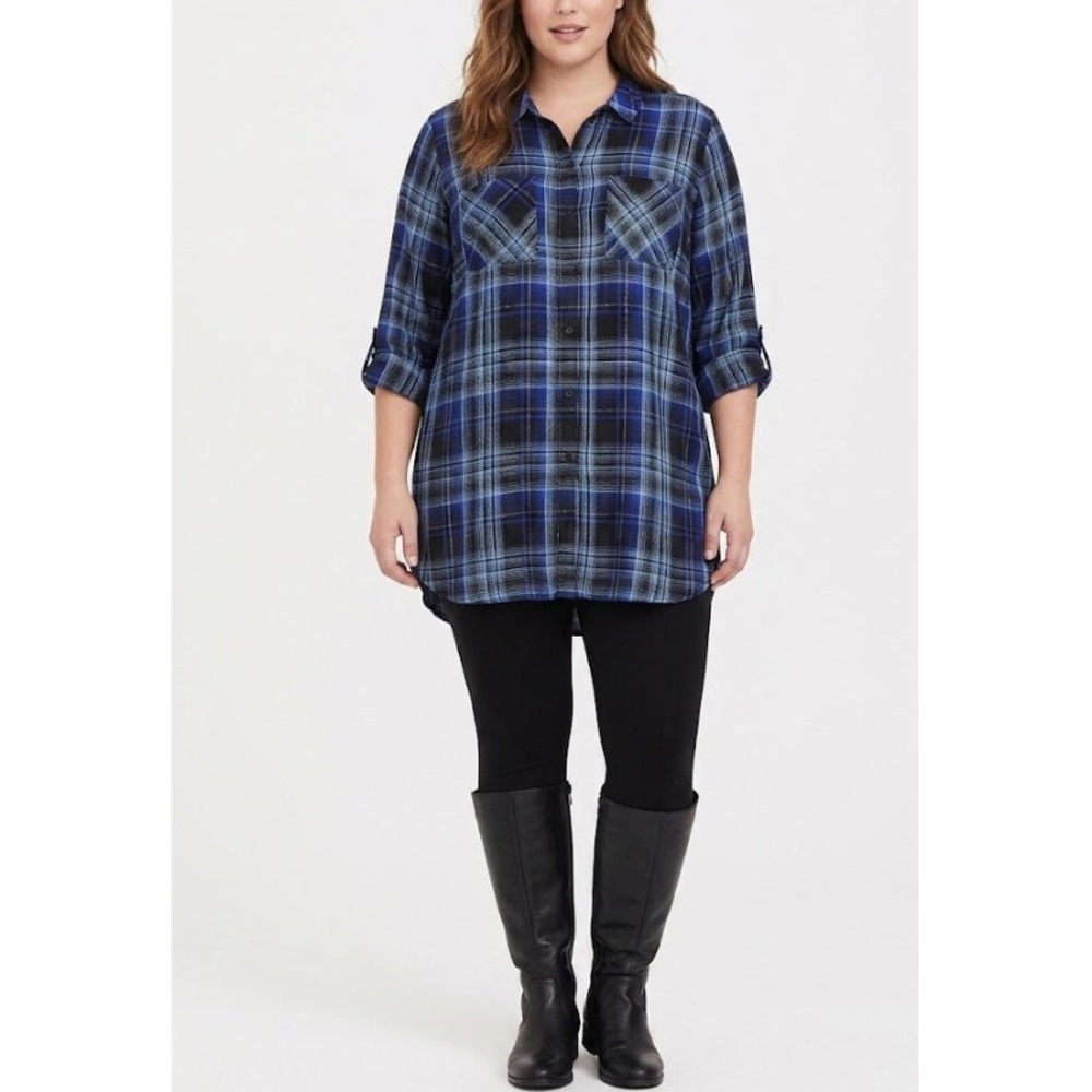 New Cato Plaid Button Down Tunic XL Blue Black Metallic Roll Tab Sleeve Soft
